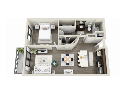 Floor plan for 1 bed, 1 bath, 733 sqft